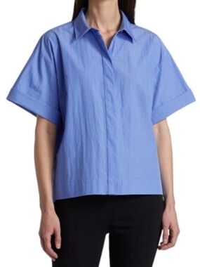 CO Essentials Oxford Blue Collared Button-Up Short Sleeve Poplin Cotton Shirt L